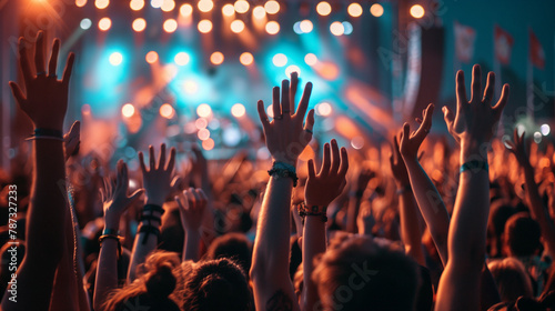 Ecstatic Crowd with Hands in the Air, Immersed in the Atmosphere of a Music Festival.
