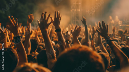 Audience with hands in the air at a music festival photo