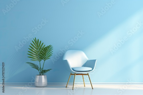 Modern Home Interior Design with Chair and House Plant Tree Bathed in Sunlight  Sky blue Wall Gradient Background