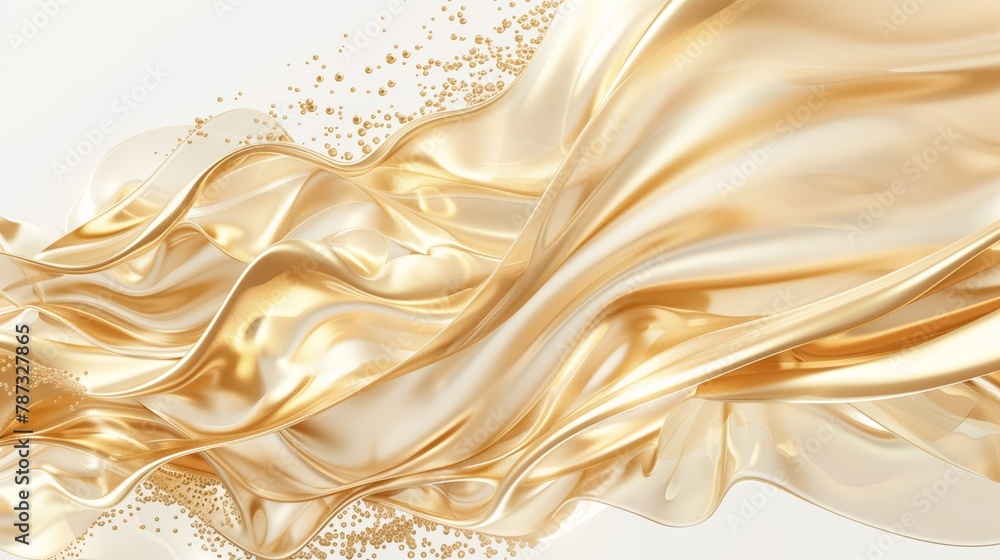 Obraz premium Flowing golden liquid isolated on a white background, closeup view. An abstract design with golden spheres and waves resembling silk fabric in the style of fluid design.