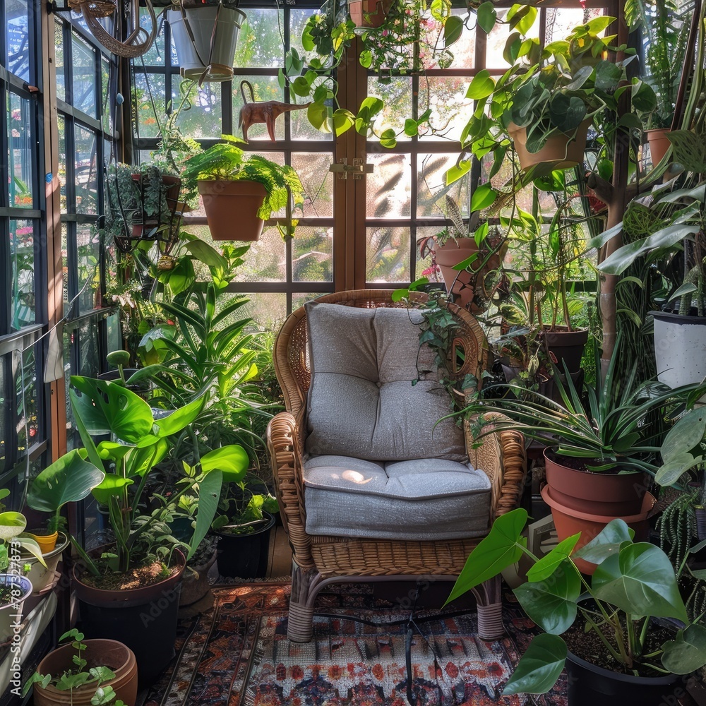 Cozy corner in a greenhouse with a comfy chair among the plants Cozy corner in a greenhouse with a comfy chair among the plants