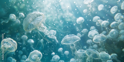 A serene underwater scene with multiple jellyfish gently floating amidst tiny bubbles in a blue ocean