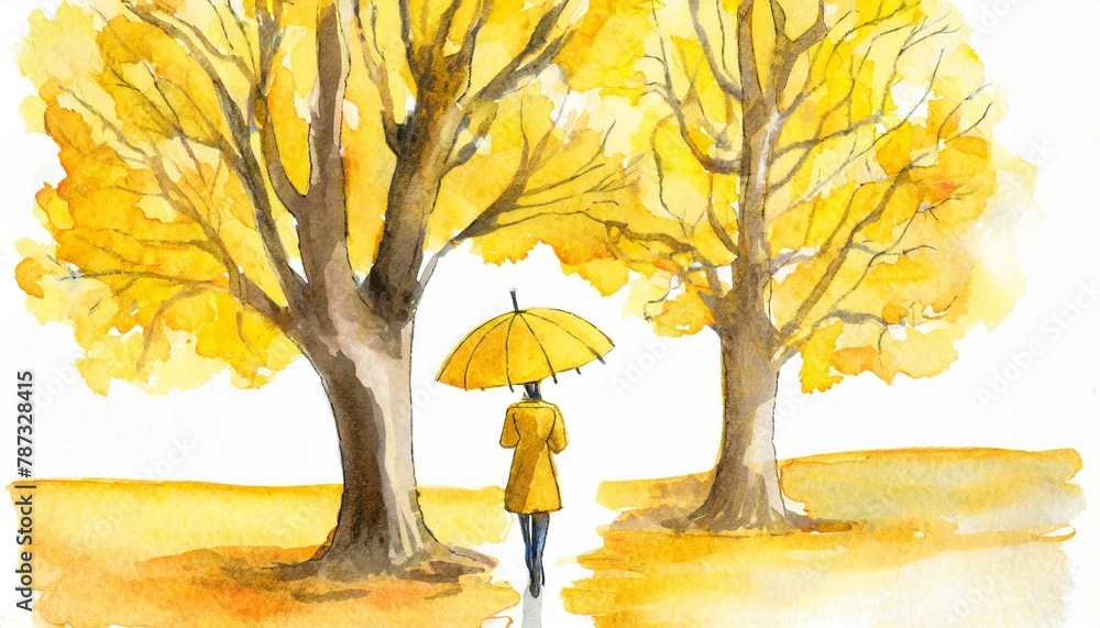 a figure with an umbrella in an autumn yellow park with trees on a white background watercolor paint drawing - obrazy, fototapety, plakaty 