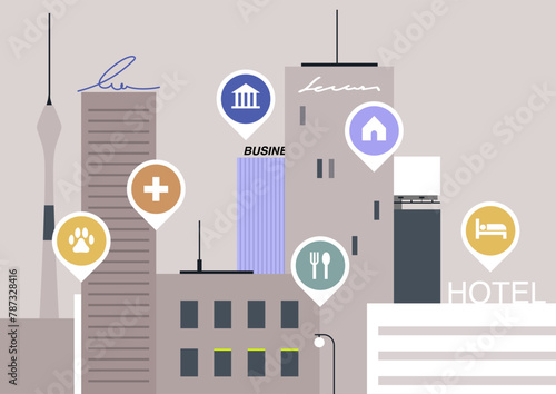 Fusion of Modernity, A vibrant cityscape filled with a plethora of business icons representing innovation, progress, and connectivity