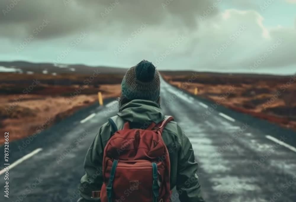 Person with Backpack Walking Down a Desolate Road Person with Backpack Walking Down a Desolate Road