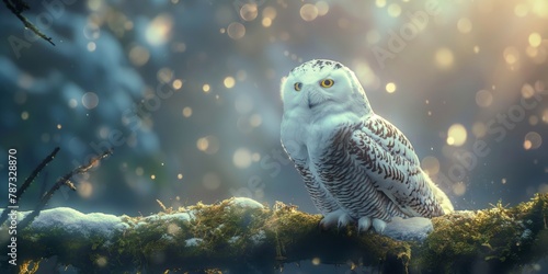A beautiful snowy owl with piercing yellow eyes sits gracefully on a snow-covered branch amidst magical snowfall and soft bokeh lighting