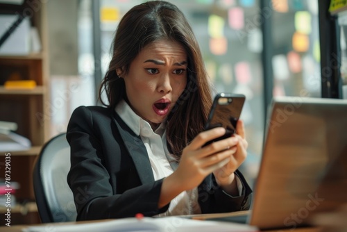 Shocked and upset business woman working inside office at workplace, depressed hispanic woman reading bad news using app on smartphone, holding phone, Generative AI photo