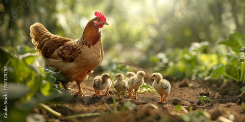 A mother hen protecting her line of adorable baby chicks on a farm, bathed in the warm golden hour sunlight photo