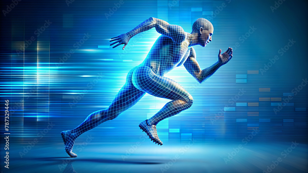 A digital humanoid figure appears in the middle of the print, embodying both speed and technology with its wireframe design. The light trails and digital elements suggest fast movement.AI generated.