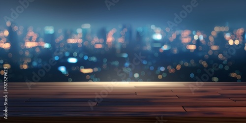 Serene evening cityscape with twinkling lights creating a bokeh effect viewed from a wooden urban balcony