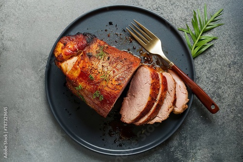 Roasted pork loin with dry rub sliced on a plate overhead view