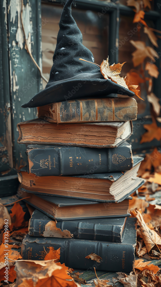 Witch Hat on Pile of Antique Books Amongst Fall Leaves
