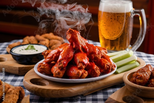 Spicy chicken wings with ranch and celery sticks and a beer pitcher