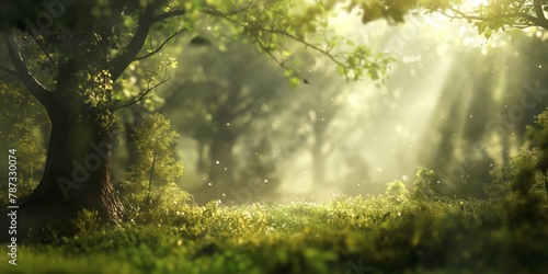 The sun's rays filter through a lush canopy creating an ethereal atmosphere in a tranquil forest clearing