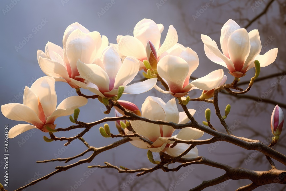 Blooming white and pink close-up flowers of magnolia on a branch with young leaves, growing in spring park or botanical garden, with blurred dark green background