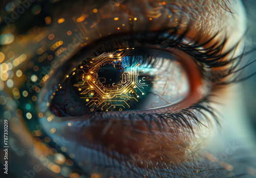 Close up of human eye with circuit board reflection