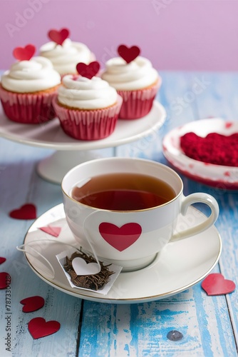 Tea in a cup for Valentines day with heart on a tea bag and cupcakes