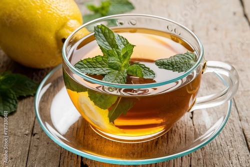 Tea with mint and whole lemon in a transparent cup