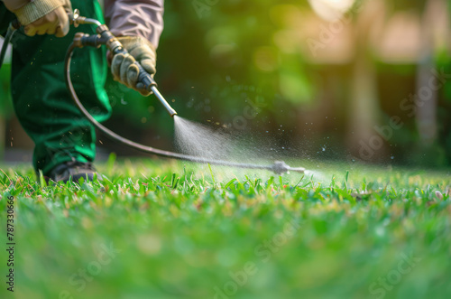 Worker spraying pesticide on a green lawn outdoors for pest control