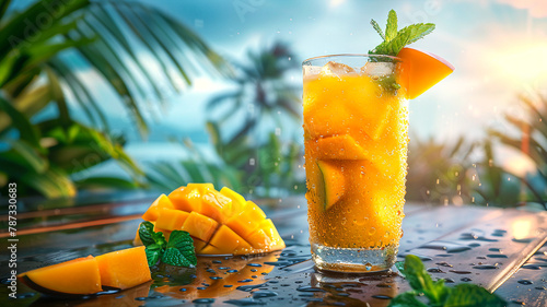 Refreshing Mango Mojito Mocktail served in a tall glass with garnishes of fresh mint leaves and slices of ripe mango. Background features a tropical setting with palm trees and a sunny blue sky