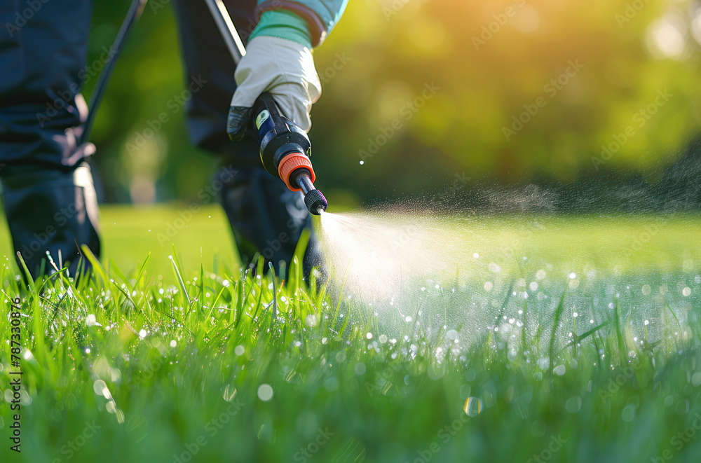 Worker spraying pesticide on a green lawn outdoors for pest control Worker spraying pesticide on a green lawn outdoors for pest control
