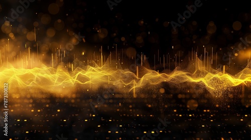 A black background with gold audio waves and particles. Generated by artificial intelligence.