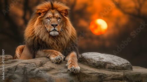Majestic male lion in african savannah at sunset, symbolic king of the wilderness
