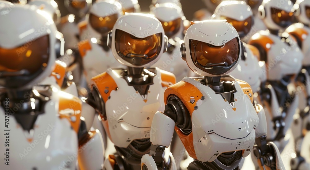 Group of artificial intelligence robots. group of cyborgs in factory Group of artificial intelligence robots. group of cyborgs in factory
