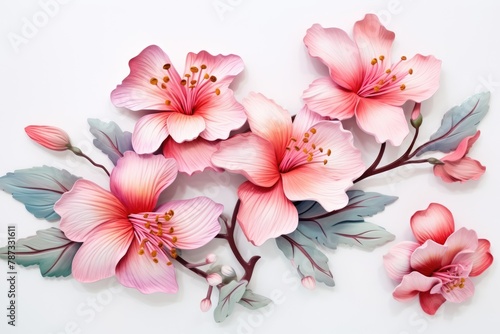 3D Illustration Papercraft Watercolor Art of Pink and White Flower Bouquet with Leaves, Luxurious Floral Background