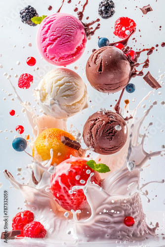 ice cream balls with berries and fruit splash. selective focus. photo