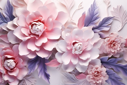 3D Illustration Papercraft Watercolor Art of Pink and White Flower Bouquet with Leaves, Luxurious Floral Background © RBGallery