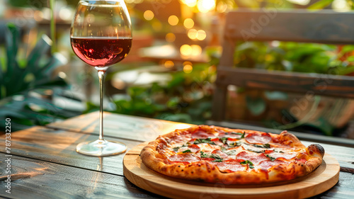 pizza and wine in the garden. selective focus. © yanadjan