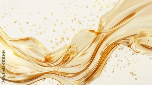 Flowing golden liquid isolated on a white background, closeup view. An abstract design with golden spheres and waves resembling silk fabric in the style of fluid design. 