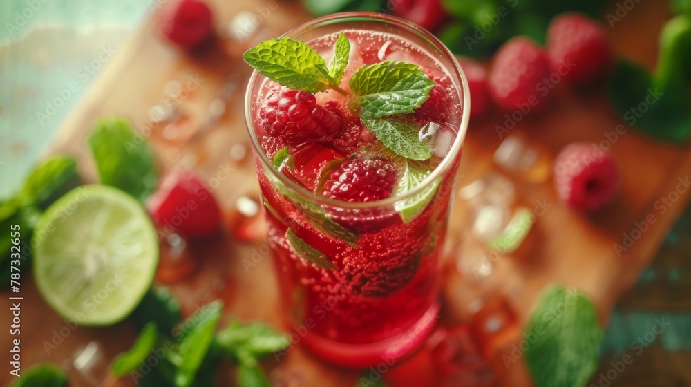 Raspberry Mojito in Glass on Cutting Board Raspberry Mojito in Glass on Cutting Board