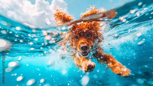 Amusing underwater snapshot  dog diving deep on summer vacation with close up shot