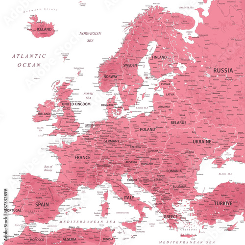 Europe - Highly Detailed Vector Map of the Europe. Ideally for the Print Posters. Rose Pink Colors. Relief Topographic