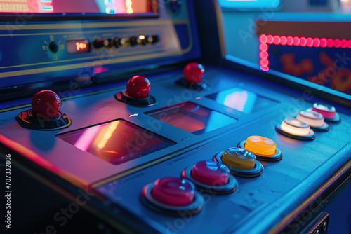 Vibrant arcade machine with joystick and buttons in neon light. photo