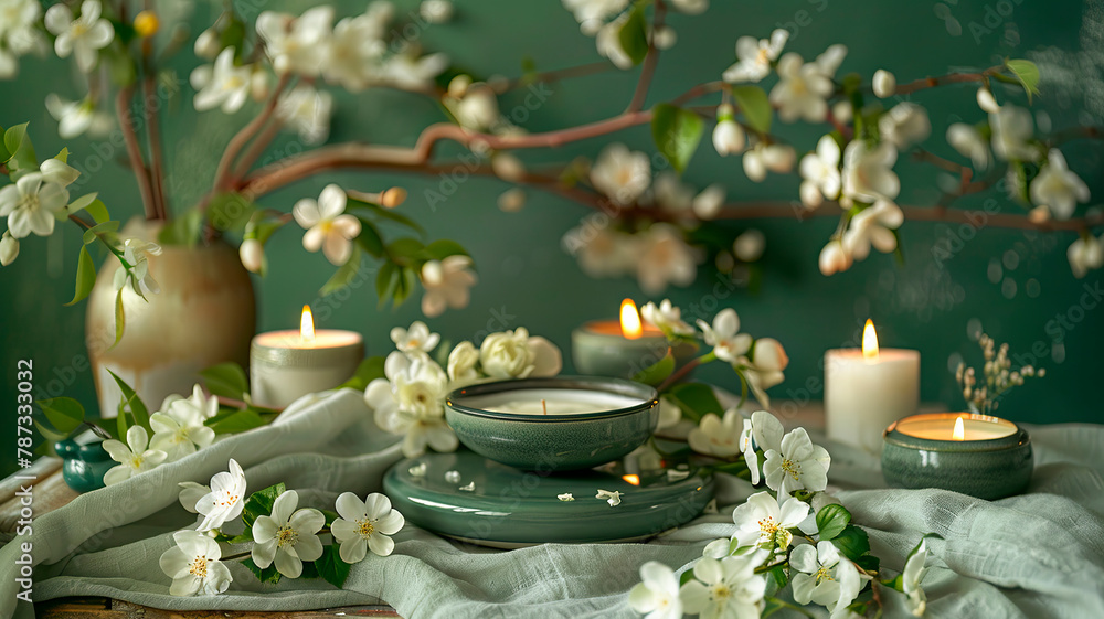 Fototapeta premium candles and flowers spa beautiful background. selective focus.