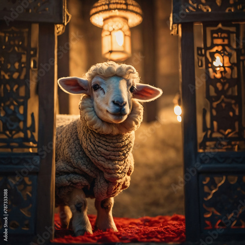 Sheep or lamb with islamic lantern background for design Eid Al Adha greeting. ai generated photo