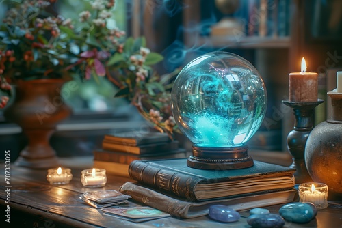 Crystal ball on table with esoteric attributes