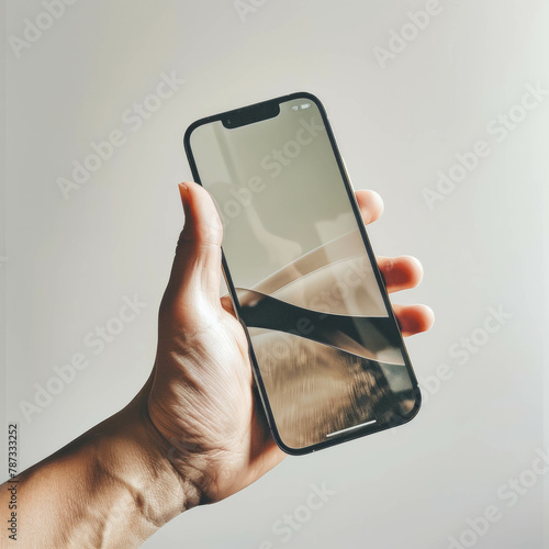 A hand delicately holds the latest iPhone 15 Pro Max against a white backdrop, showcasing its sleek design and diffused lighting, enhanced by AI generative technology. photo