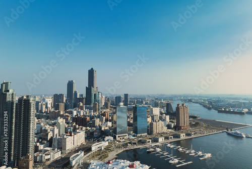Aerial view Kaohsiung city with blue sky background and Kaohsiung harbor, Taiwan. © Brown_Photo