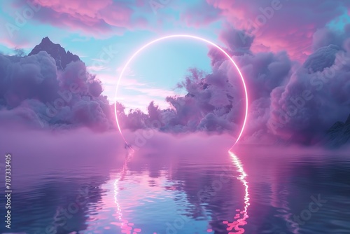 Mystical neon ring floating above serene waters with mountains and pink clouds.