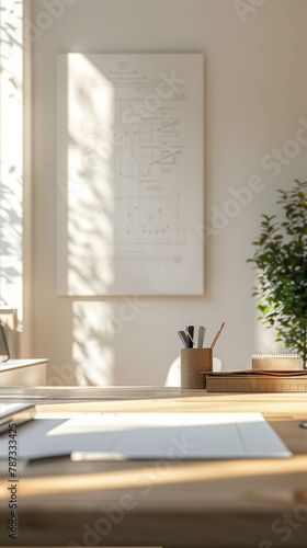 Explore a clean desk in an architect-style room, focusing on details, photorealistic, AI generative. photo