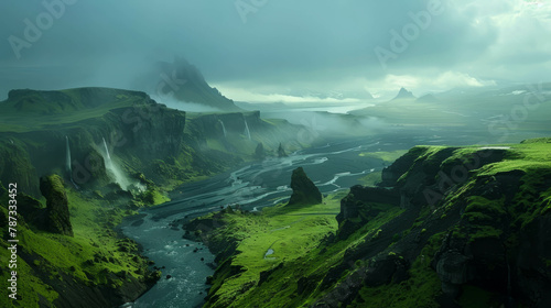 Experience the cinematic allure of an Icelandic landscape  perfect for activewear brand website covers  John Woo style  AI generative.