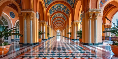 long hallway with arched ceilings and colorful tiles
