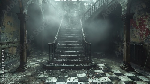 Dark, staircase, gloomy, dim, shadowy, eerie, creepy, ominous, sinister, foreboding, spooky, chilling, haunted, macabre, desolate, forbidding, menacing, oppressive, daunting, murky, forbidding photo