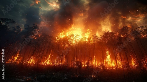 Wildfire, forest fire, bushfire, conflagration, blaze, inferno, combustion, flames, devastation, destruction, wildfire spread, firestorm, fire suppression, firefighting, firefighters, wildfire season