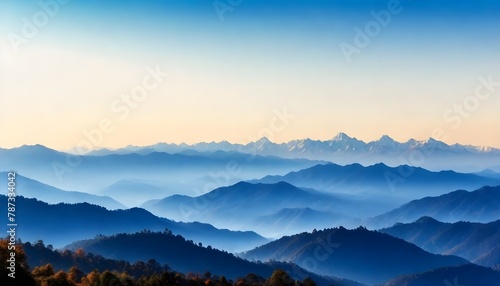 Panoramic landscape of great Himalayas mountain range during an autumn morning from Kausani also known as 'Switzerland of India' a hill station in