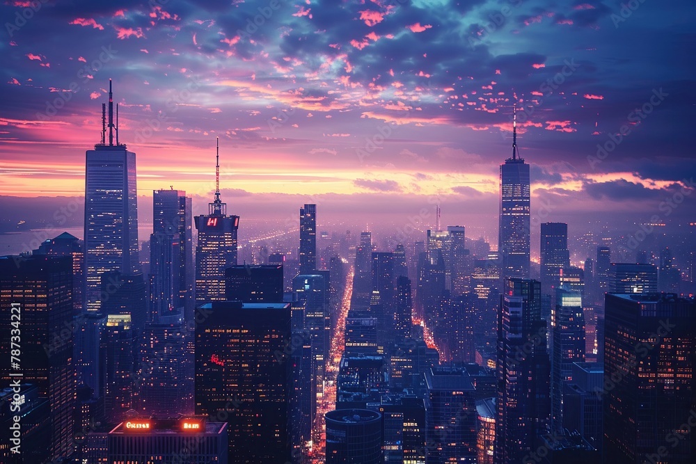 City skyline at dusk, buildings illuminated with warm lights, vibrant sky fading into deep blue , high-resolution